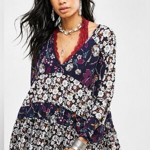 Free People Boho Floral Patchwork Tiered Tunic Top Navy Size Small